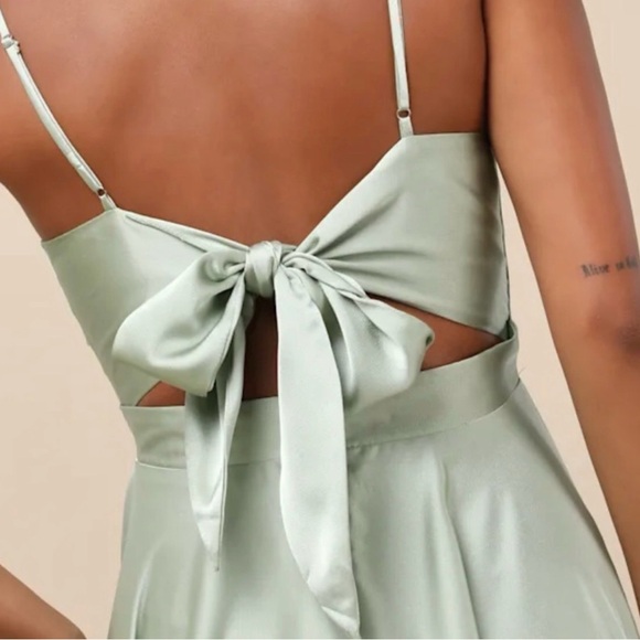 Lulu's Sage Satin Midi Dress Asymmetrical Tie-Back - Picture 3 of 4